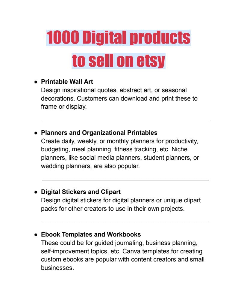 1000 Digital Products To Sell On Etsy