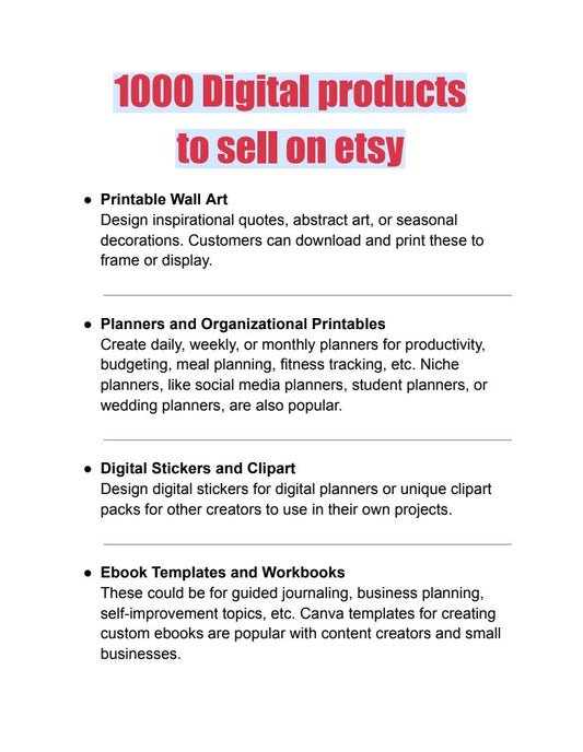 1000 Digital Products To Sell On Etsy